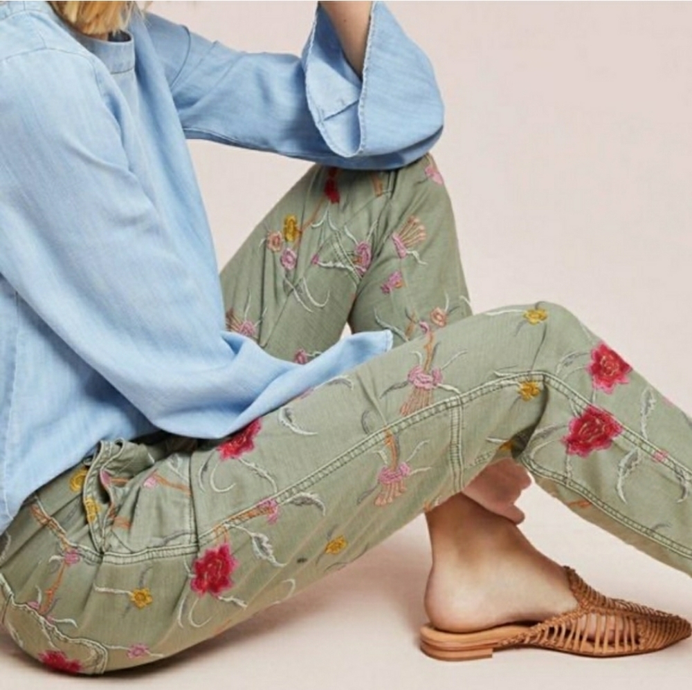 Anthropologie Pilcro Floral Wanderer Utility Pants Embroidered Green
